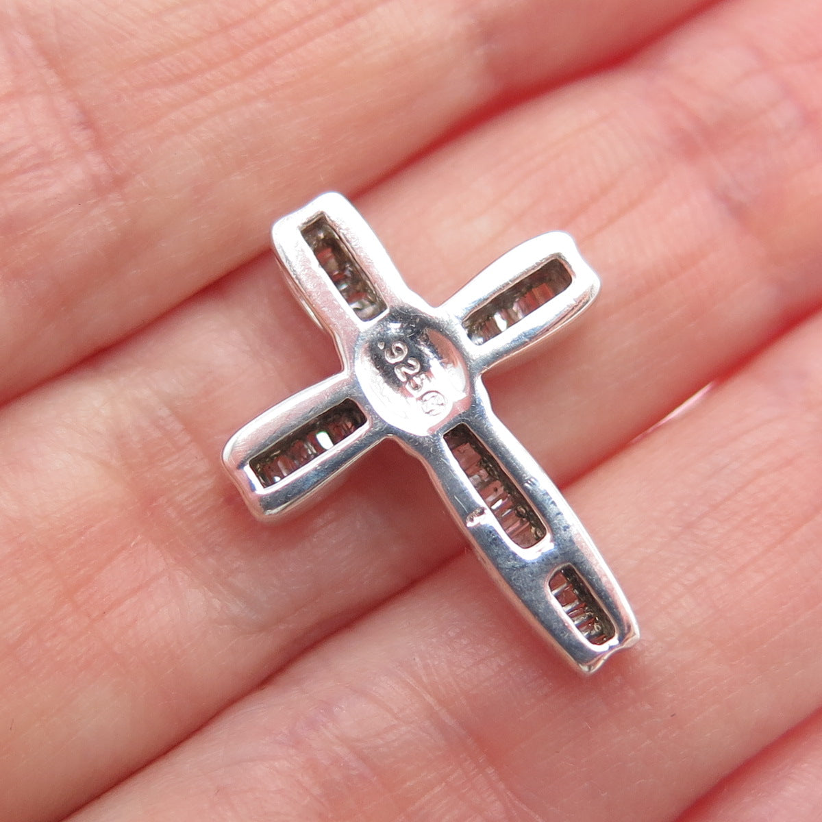 925 Sterling Silver Real Emerald-Cut Diamond Cross Slide Charm Pendant