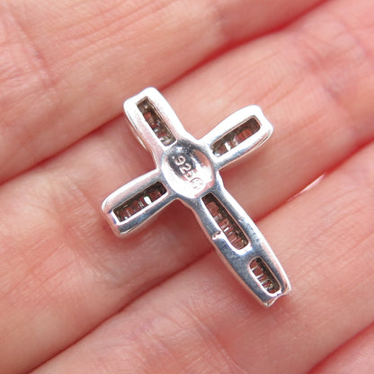 925 Sterling Silver Real Emerald-Cut Diamond Cross Slide Charm Pendant