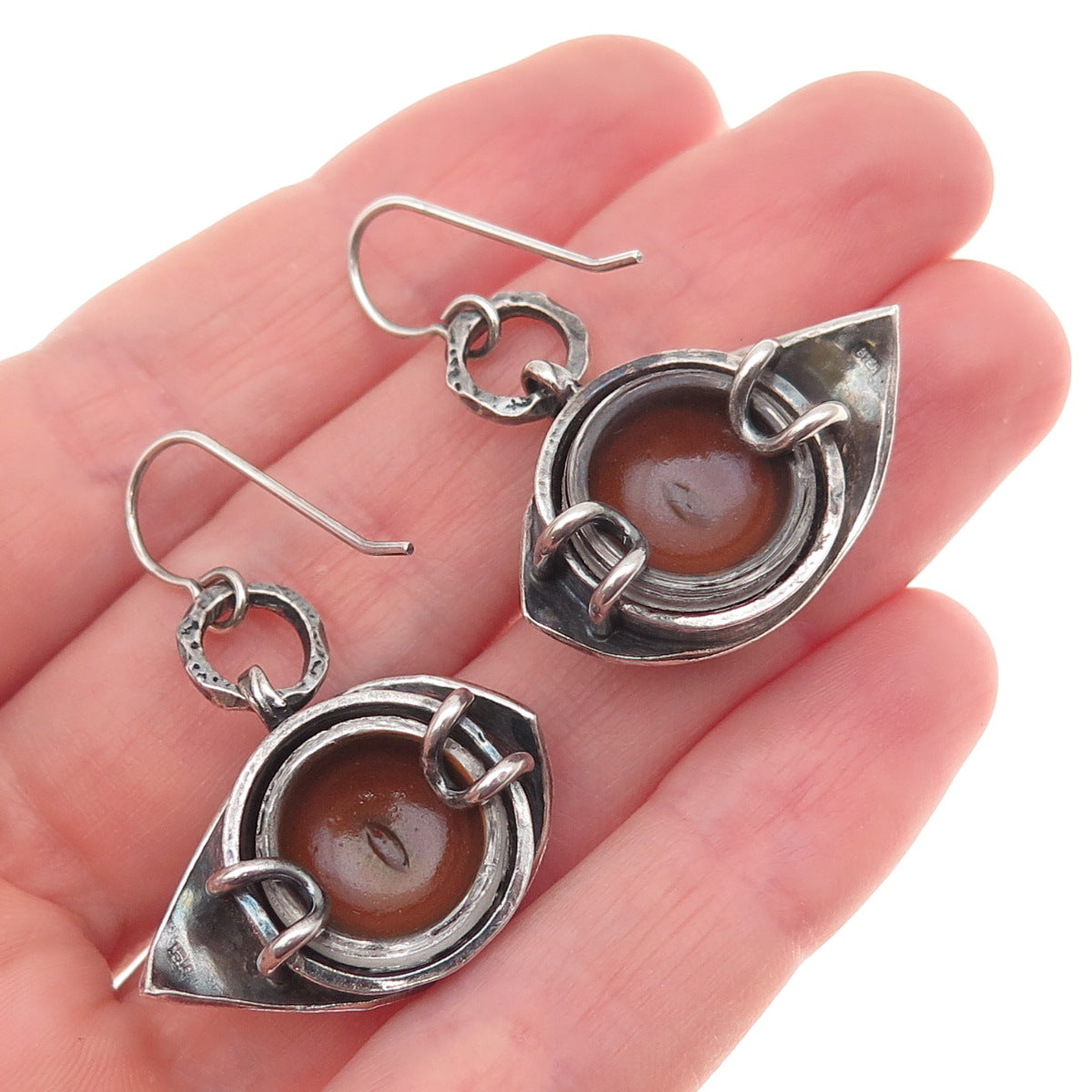 925 Sterling Silver Vintage Glass Modernist Evil's Eye Oxidized Dangle Earrings
