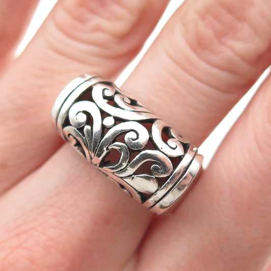 925 Sterling Silver Vintage Modernist Floral Oxidized Dome Ring Size 9