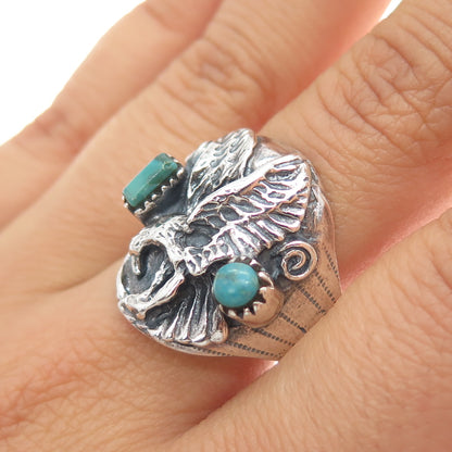 Old Pawn 925 Sterling Silver Vintage Turquoise Snake Eye Eagle Ring Size 14.25