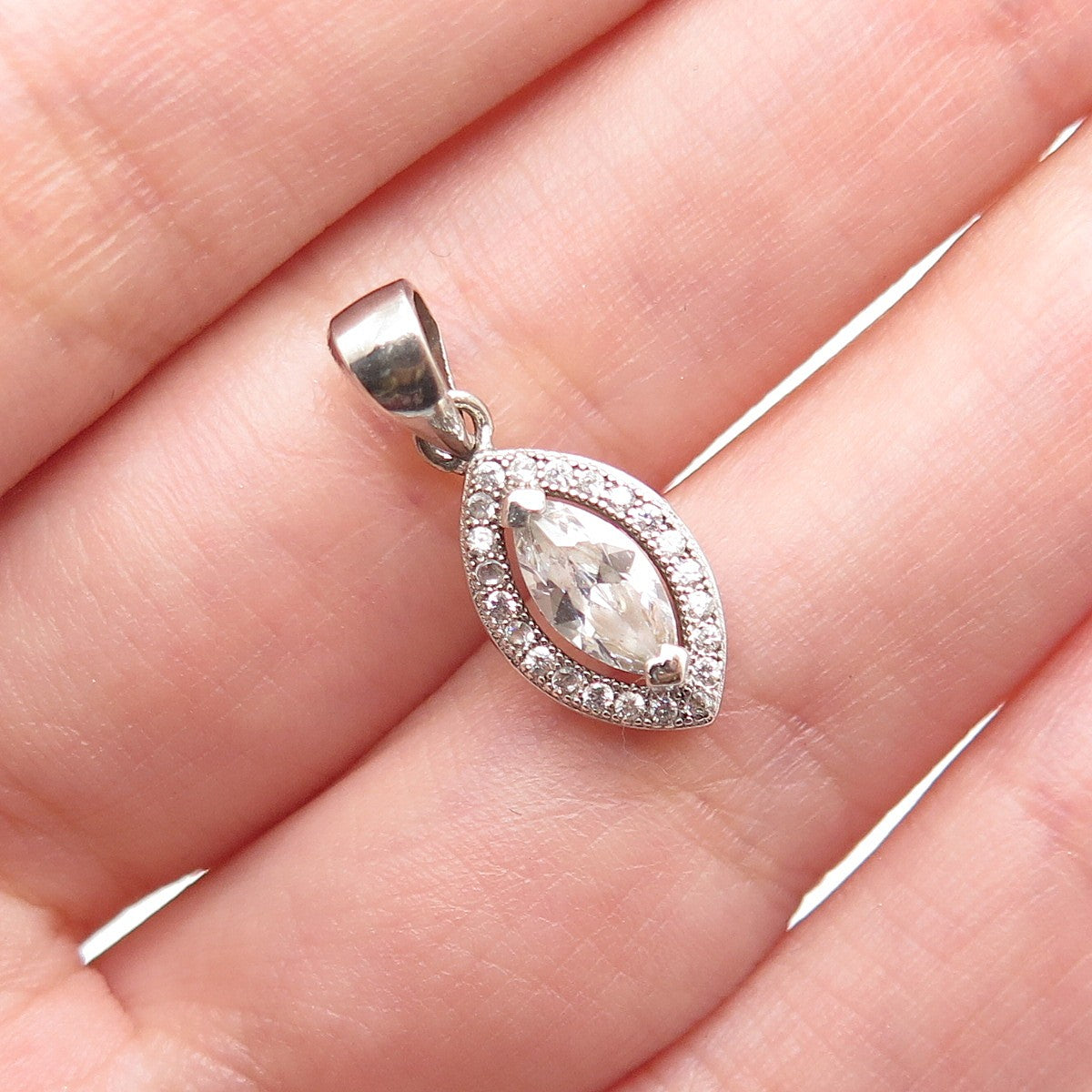 925 Sterling Silver Marquise & Round-Cut C Z Minimalist Charm Pendant