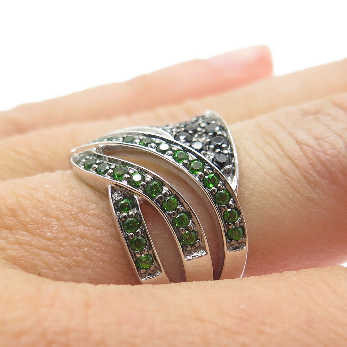 DSMK 925 Sterling Silver Chrome Diopside & Black Spinel Gem Wide Ring Size 6.25