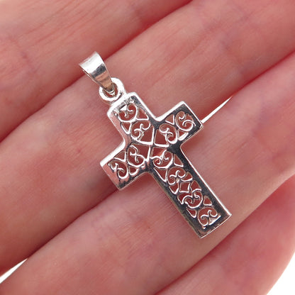 925 Sterling Silver Vintage Heart Ornate Cross Charm Pendant