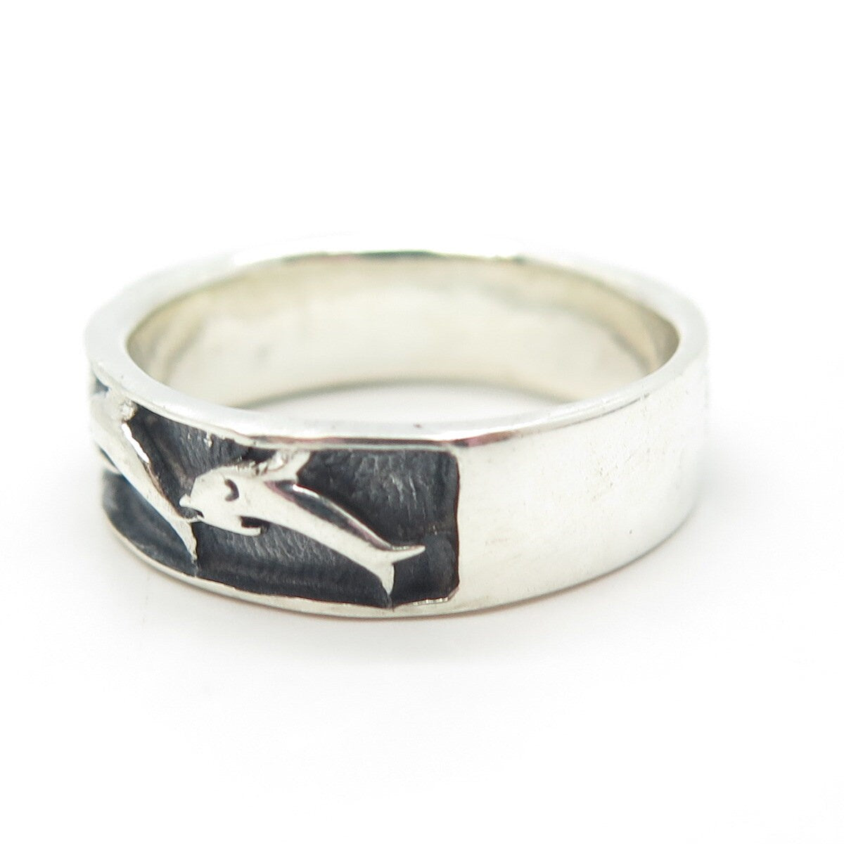925 Sterling Silver Vintage Friendly Dolphin Band Ring Size 8