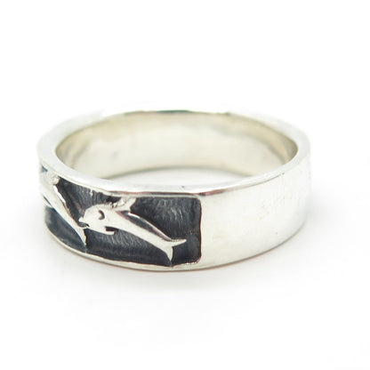 925 Sterling Silver Vintage Friendly Dolphin Band Ring Size 8