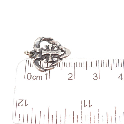 925 Sterling Silver Vintage Cross Heart Oxidized Charm Pendant
