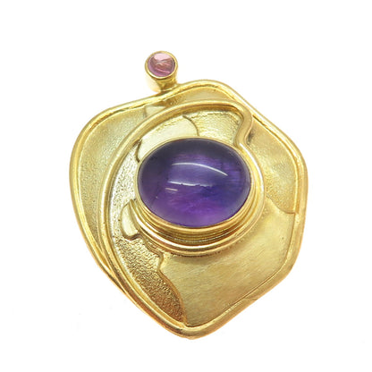 ELIZABETH PRIOR 925 Sterling Gold Plated Vintage Amethyst Modernist Pin Pendant