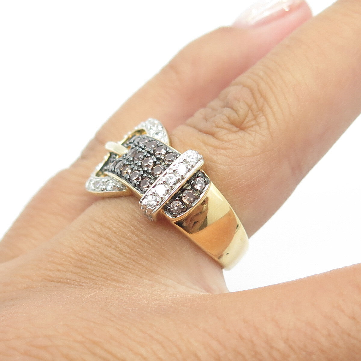 925 Sterling Silver Gold Plated Real Smoky Quartz & C Z Belt Ring Size 6.25