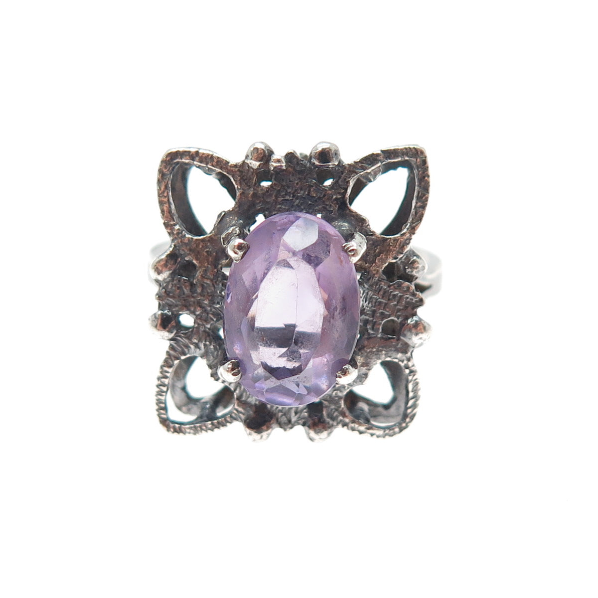MUNDOS Sterling Silver Vintage Real Amethyst Butterfly Oxidized Ring Size 6.75