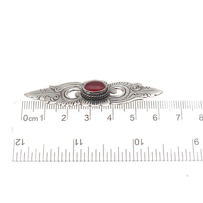925 Sterling Silver Vintage Real Carnelian Floral Oxidized Pin Brooch