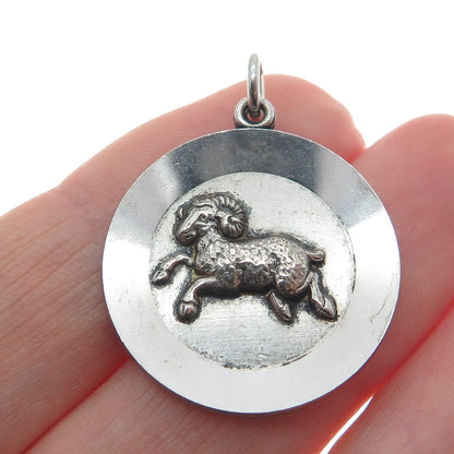 925 Sterling Silver Vintage Aries Zodiac Sign Round Pendant