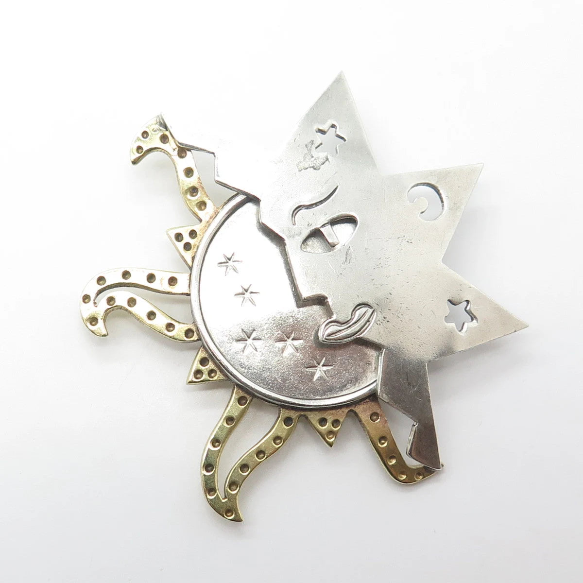 925 Sterling Silver 2-Tone Vintage Mexico Handmade Sun & Stars Pin Brooch