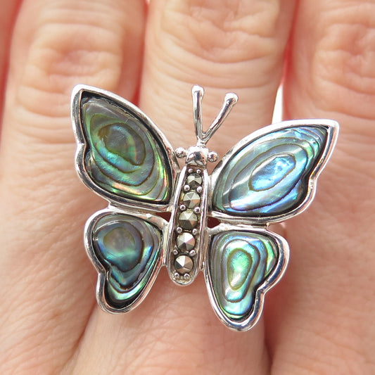 ROSS SIMONS Sterling Vintage Abalone Shell & Marcasite Butterfly Ring Size 10.5