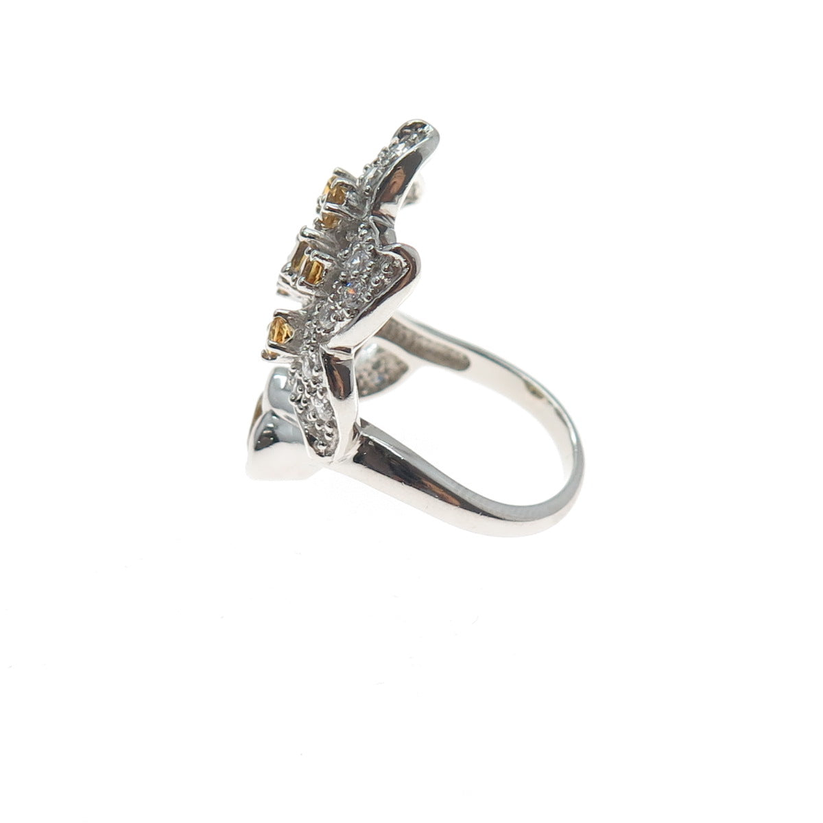 925 Sterling Silver Real Heart Round-Cut Citrine & C Z Lily Ring Size 5.75