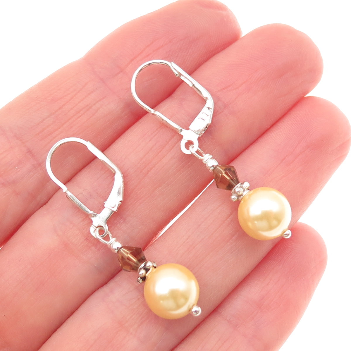 925 Sterling Silver Vintage Real Smoky Quartz & Faux Pearl Dangle Earrings