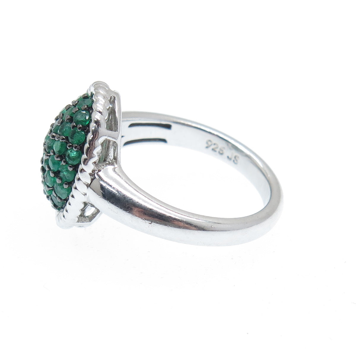 J. STELLA 925 Sterling Silver Real Round-Cut Emerald Cluster Ring Size 7.25