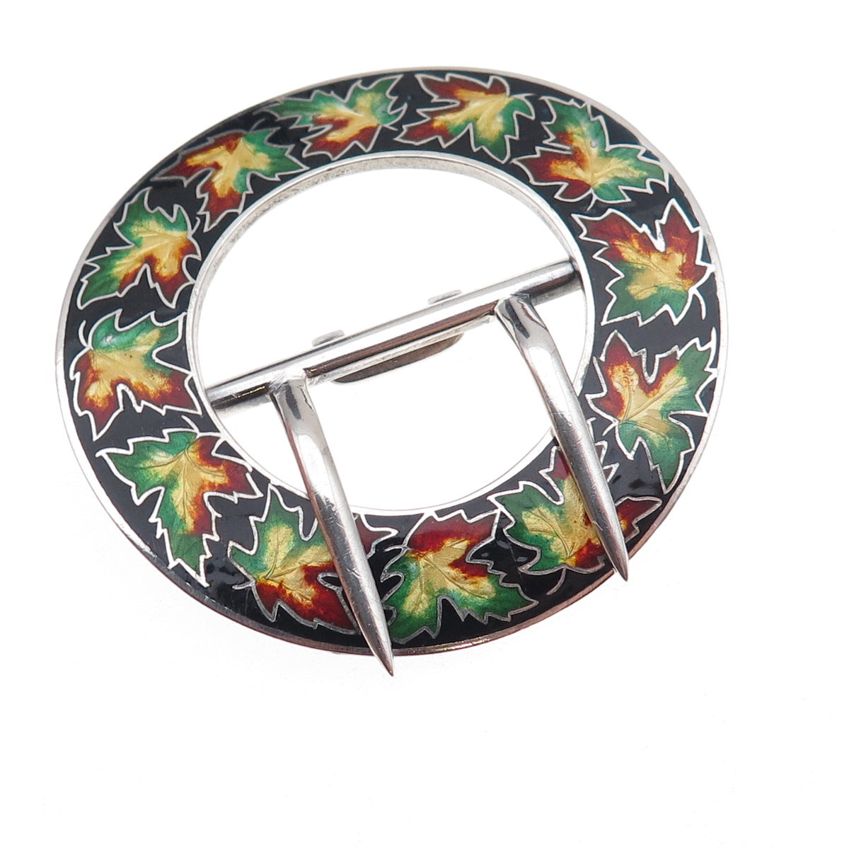 Paye & Baker 925 Sterling Silver Antique Art Deco Enamel Maple Leaf Belt Buckle