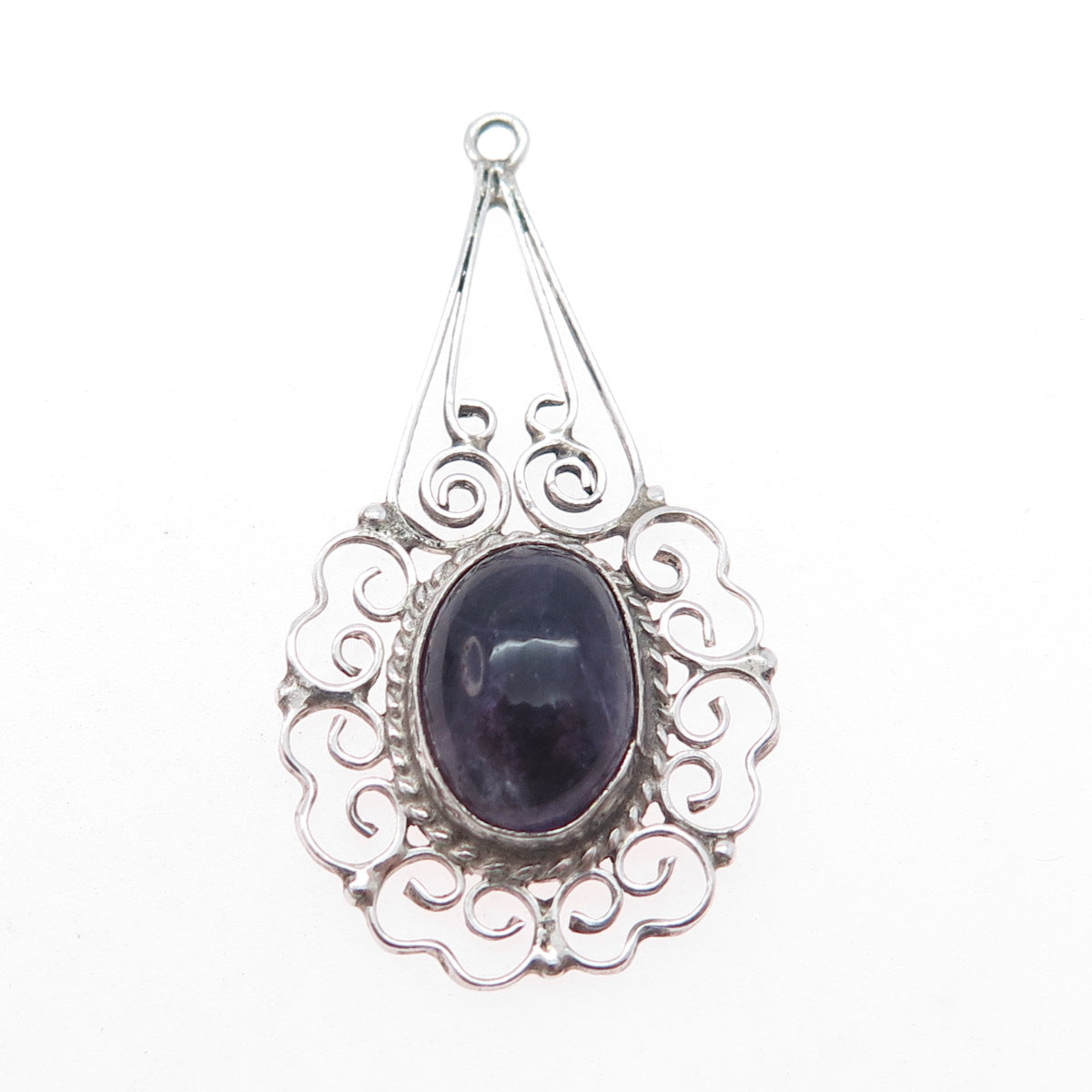 925 Sterling Silver Vintage Mexico Real Amethyst Ornate Charm Pendant