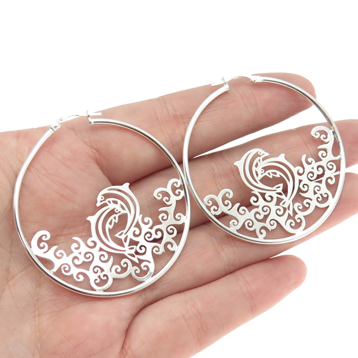 925 Sterling Silver Dolphin In The Ocean Hoop Earrings