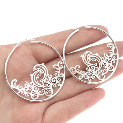 925 Sterling Silver Dolphin In The Ocean Hoop Earrings