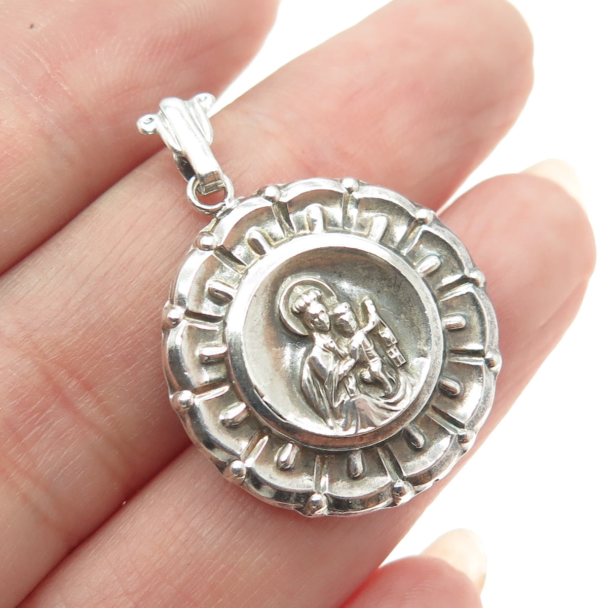 900 Silver Antique Art Deco St. Mary & Jesus Religious Medal Pendant