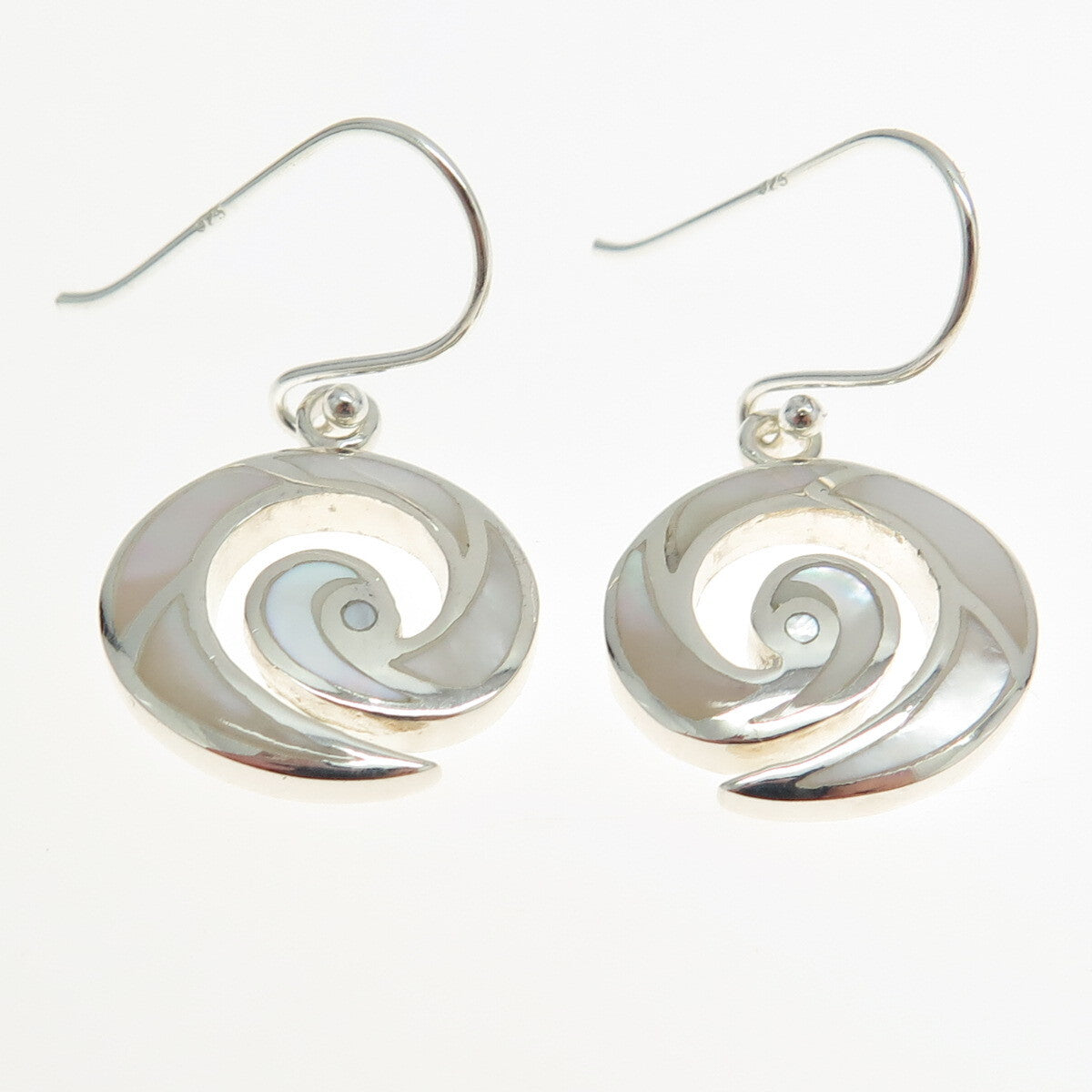 925 Sterling Silver Real Mother-of-Pearl Spiral Dangling Earrings