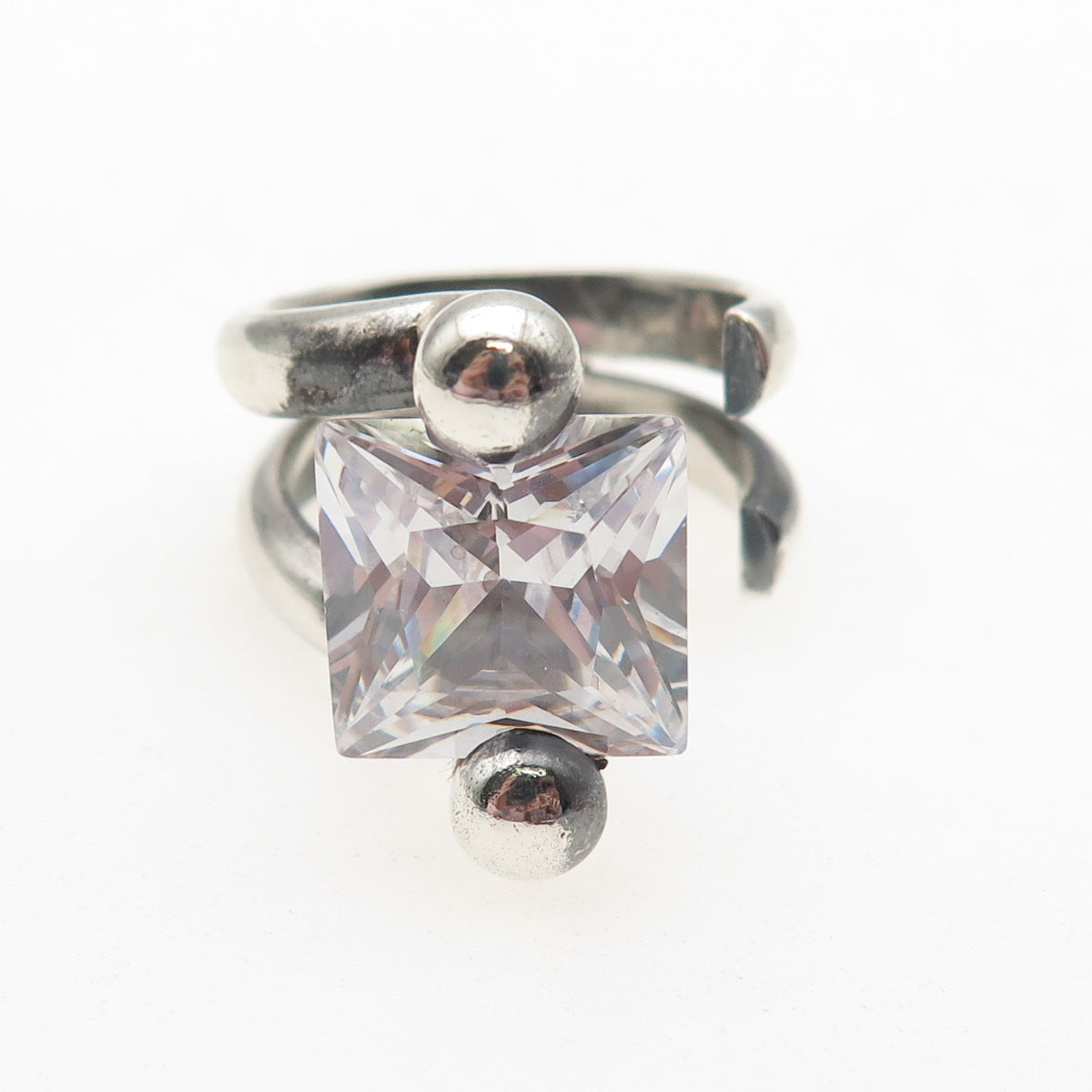 950 Silver Vintage Princess-Cut C Z Modernist Oxidized Adjustable Ring Size 8