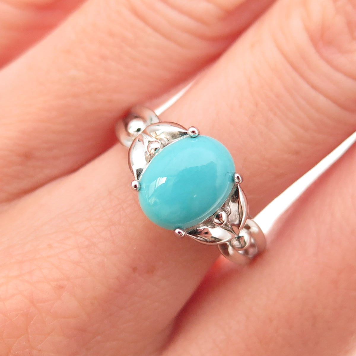 925 Sterling Silver Real Sleeping Beauty Turquoise Floral Ring Size 8