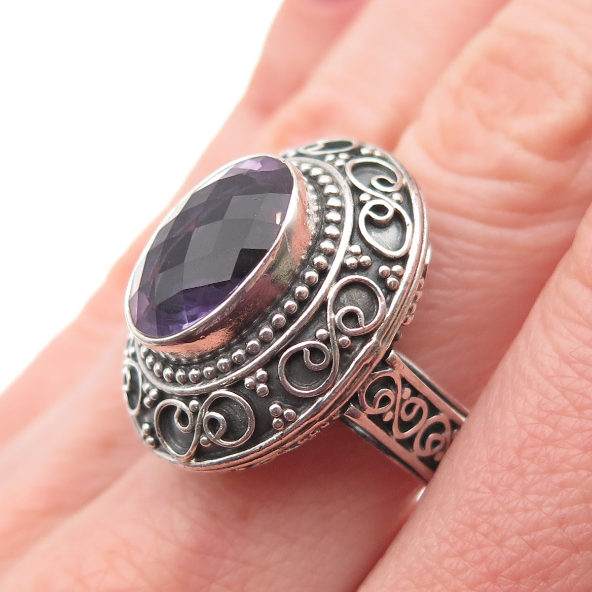 925 Sterling Silver Vintage Real Amethyst Swirl Granulated Ring Size 7.5