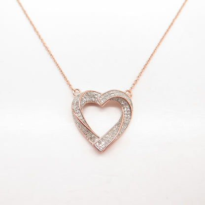 925 Sterling Silver Rose Gold Plated Real White Diamond Heart Chain Necklace 18"