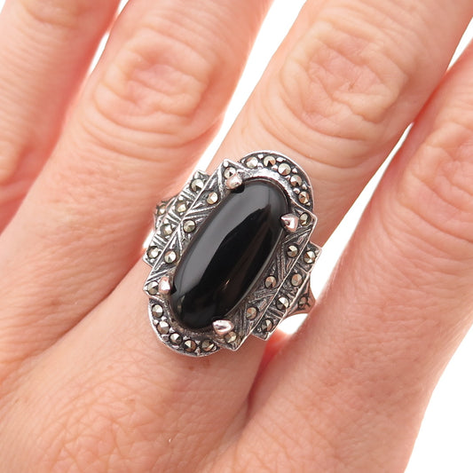 Boma Sterling Silver Vintage Real Black Onyx & Marcasite Oxidized Ring Size 7