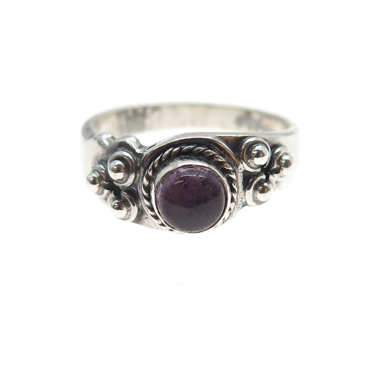 925 Sterling Silver Vintage Real Amethyst Beaded Oxidized Ring Size 9