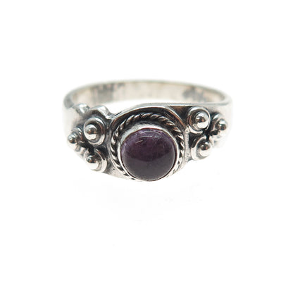 925 Sterling Silver Vintage Real Amethyst Beaded Oxidized Ring Size 9