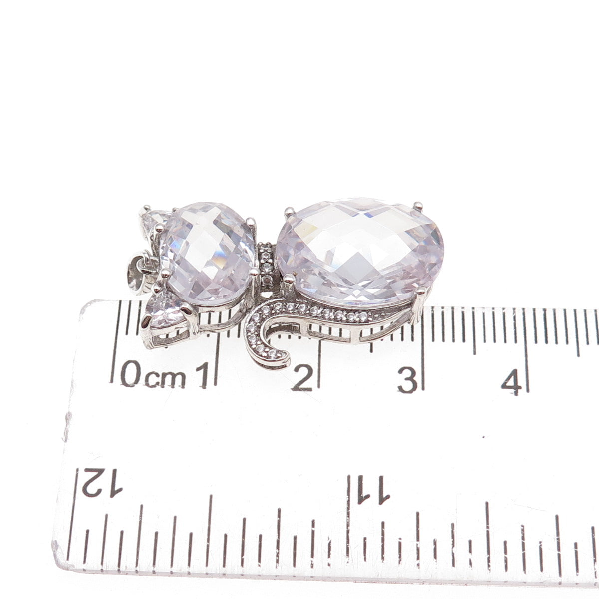 925 Sterling Silver Lavender & White C Z Cat Charm Pendant