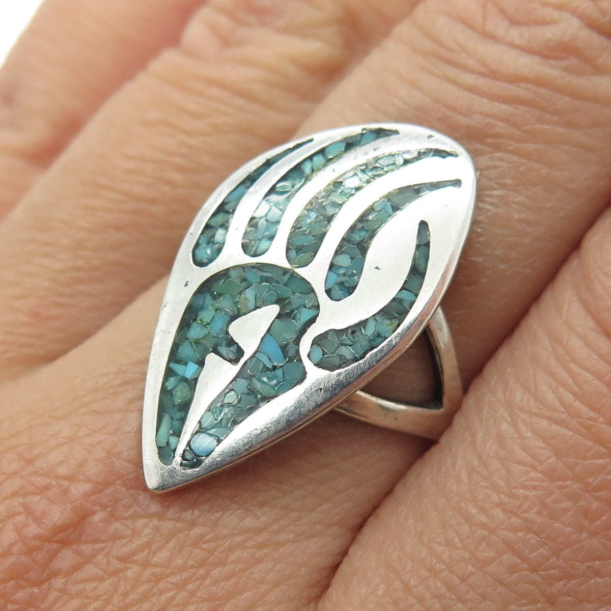 PACIFIC JEWELRY Old Pawn Sterling Silver Turquoise Inlay Bear Paw Ring Size 8.75