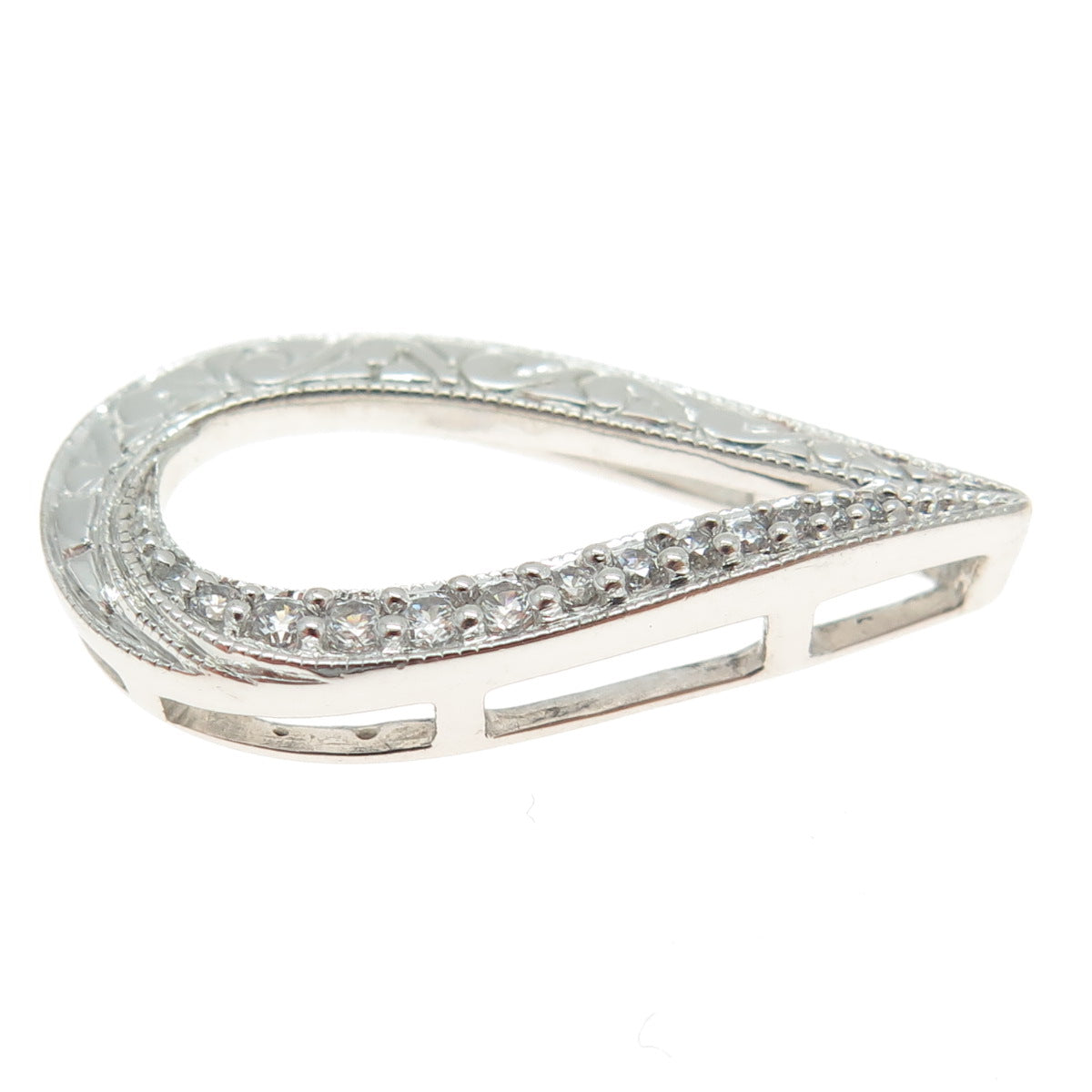 DIAG 925 Sterling Silver Round-Cut C Z Ornate Floral Teardrop Slide Pendant