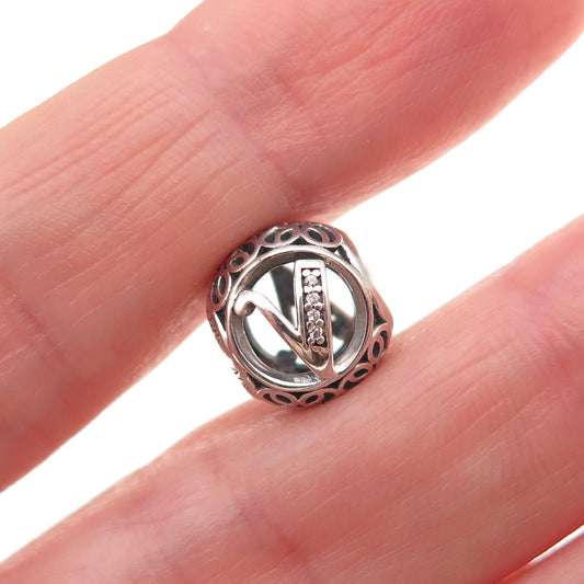 Pandora 925 Sterling Silver C Z Letter V Initial Slide Bead Charm