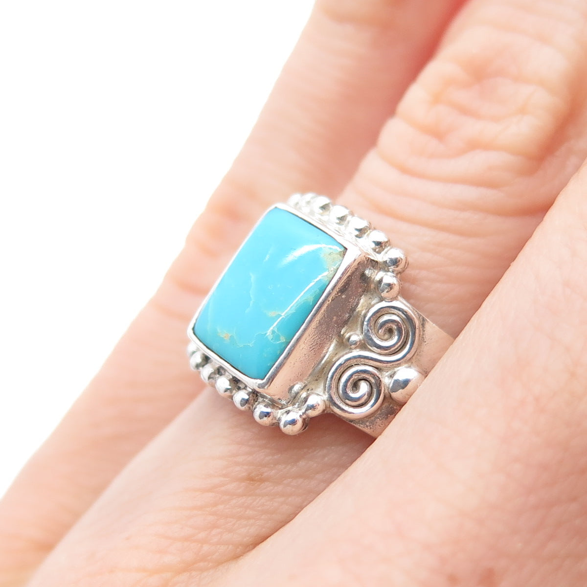 SAJEN 925 Sterling Silver Vintage Real Turquoise Spiral Adjustable Ring Size 6