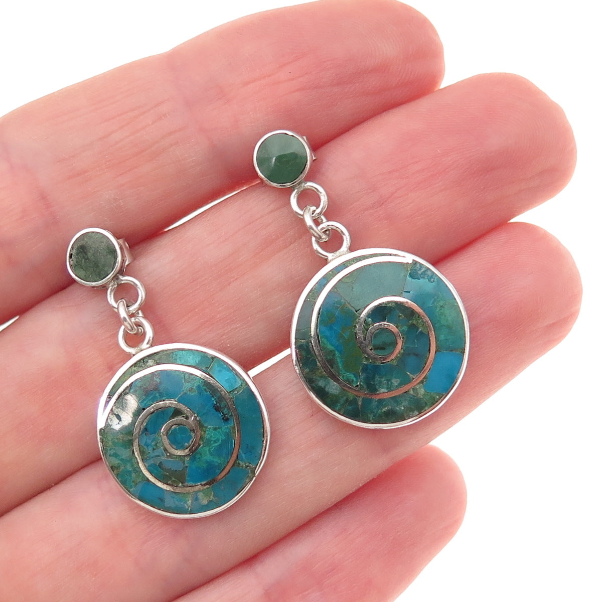 950 Silver Vintage Real Turquoise Spiral Dangle Earrings