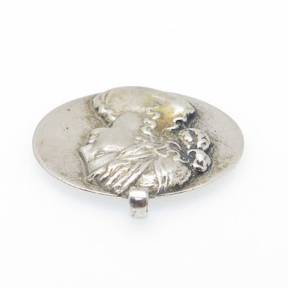 925 Sterling Silver Vintage Victorian Lady Portrait Oxidized Charm Pendant