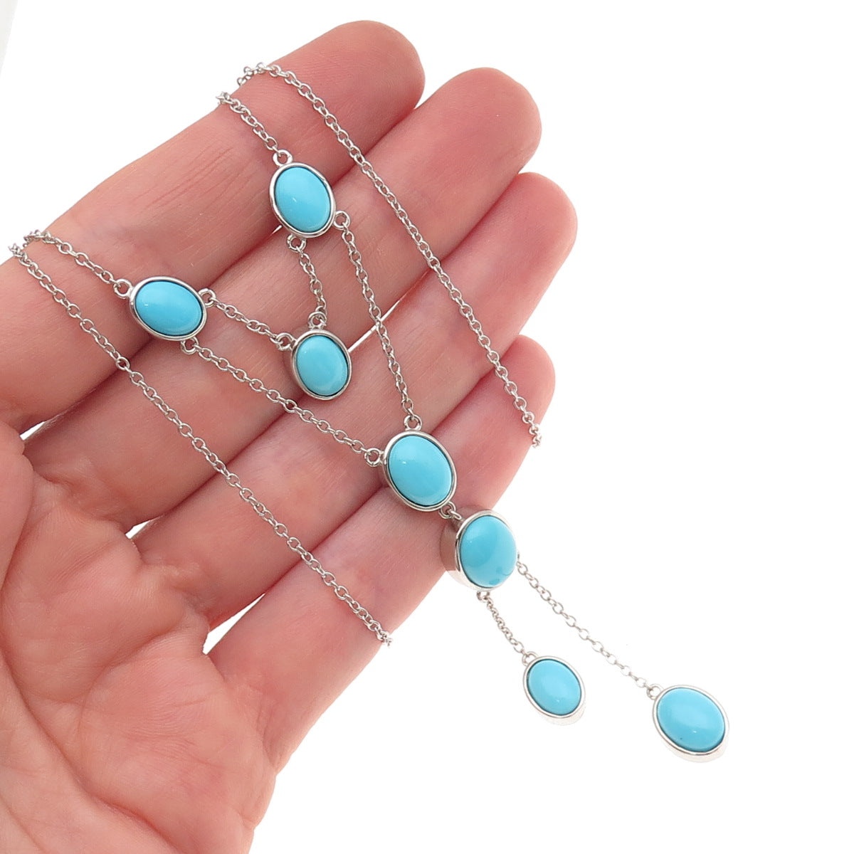 925 Sterling Silver Real Sleeping Beauty Turquoise Cable Chain Necklace 18"