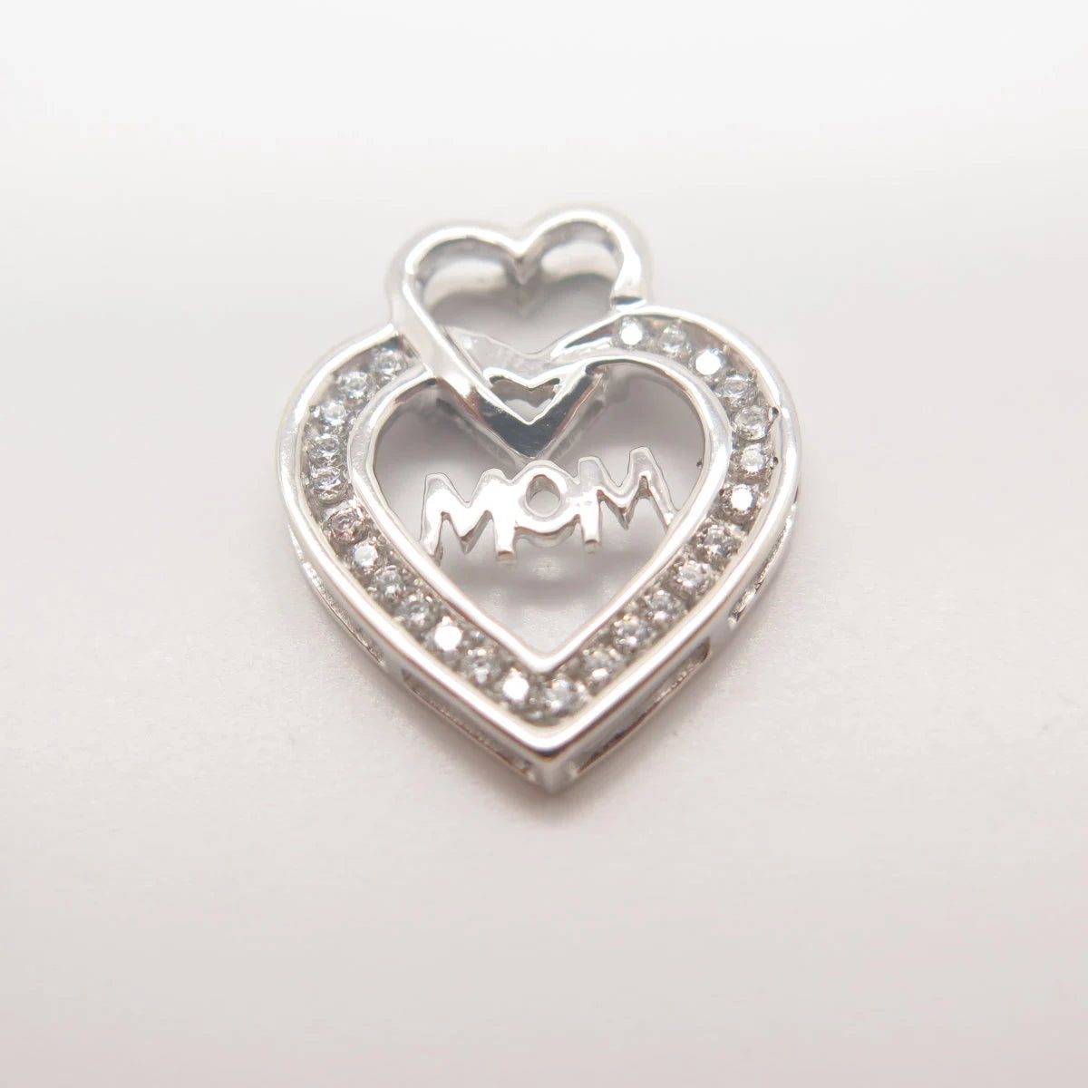 925 Sterling Silver Vintage Pave C Z "Mom" Double Heart Slide Pendant
