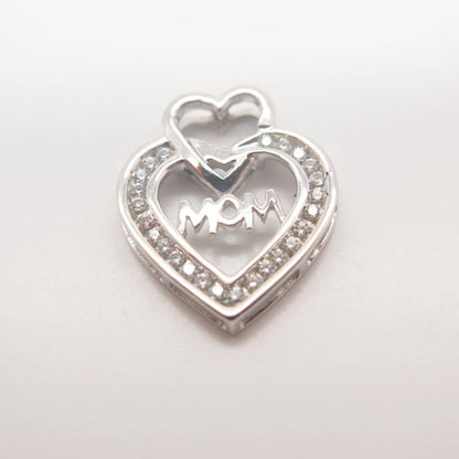 925 Sterling Silver Vintage Pave C Z "Mom" Double Heart Slide Pendant