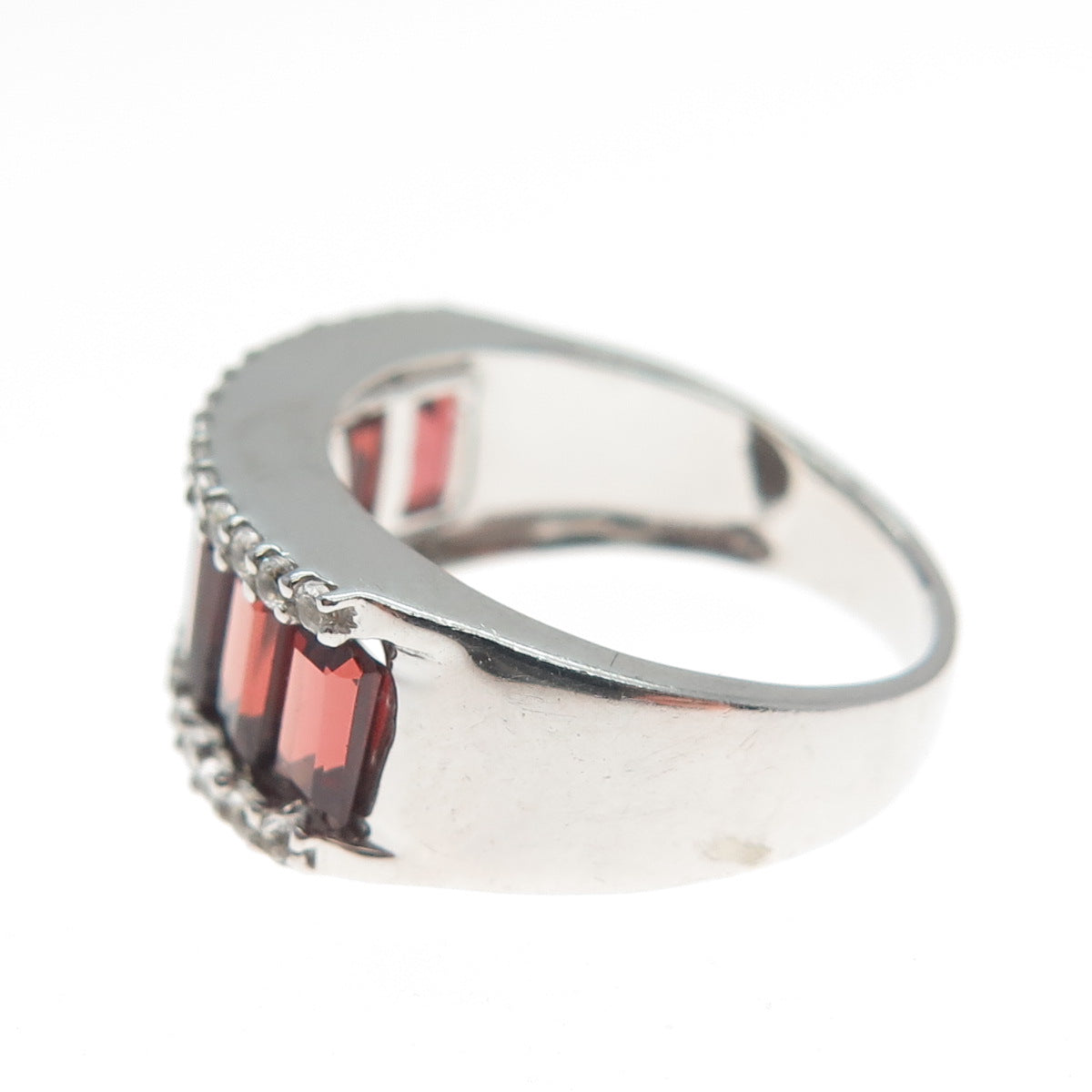 925 Sterling Silver Real Emerald-Cut Red Garnet C Z Half Eternity Ring Size 5.5