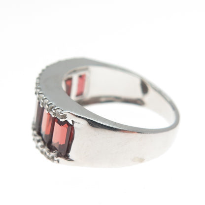 925 Sterling Silver Real Emerald-Cut Red Garnet C Z Half Eternity Ring Size 5.5
