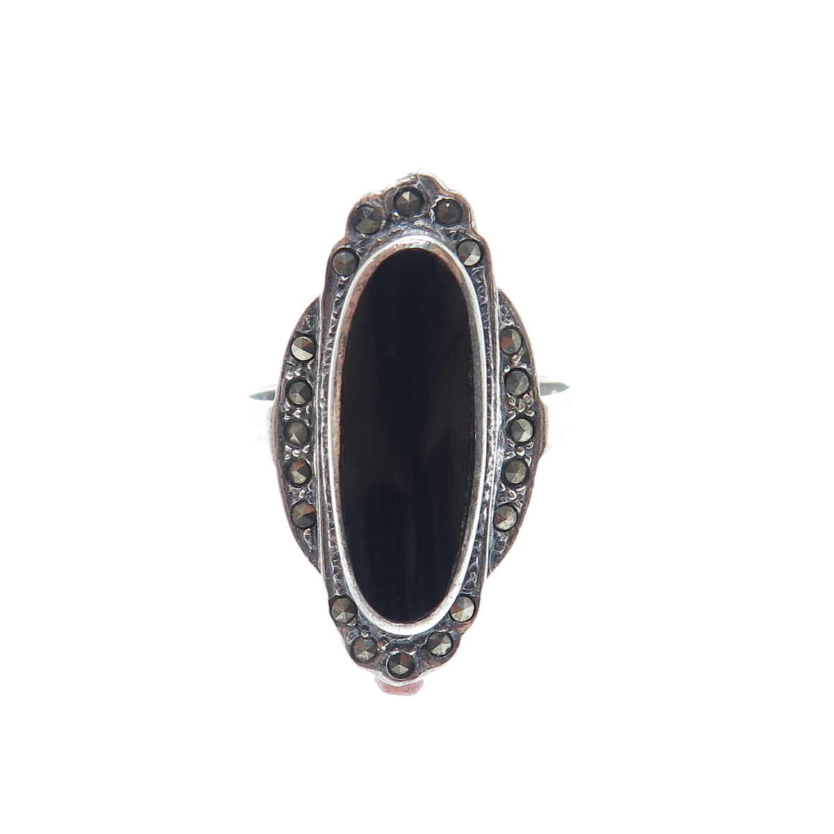 CHAPAL ZENRAY 925 Sterling Silver Vintage Real Black Onyx Marcasite Ring Size 8