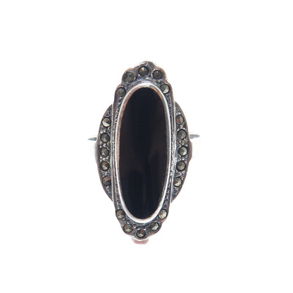CHAPAL ZENRAY 925 Sterling Silver Vintage Real Black Onyx Marcasite Ring Size 8
