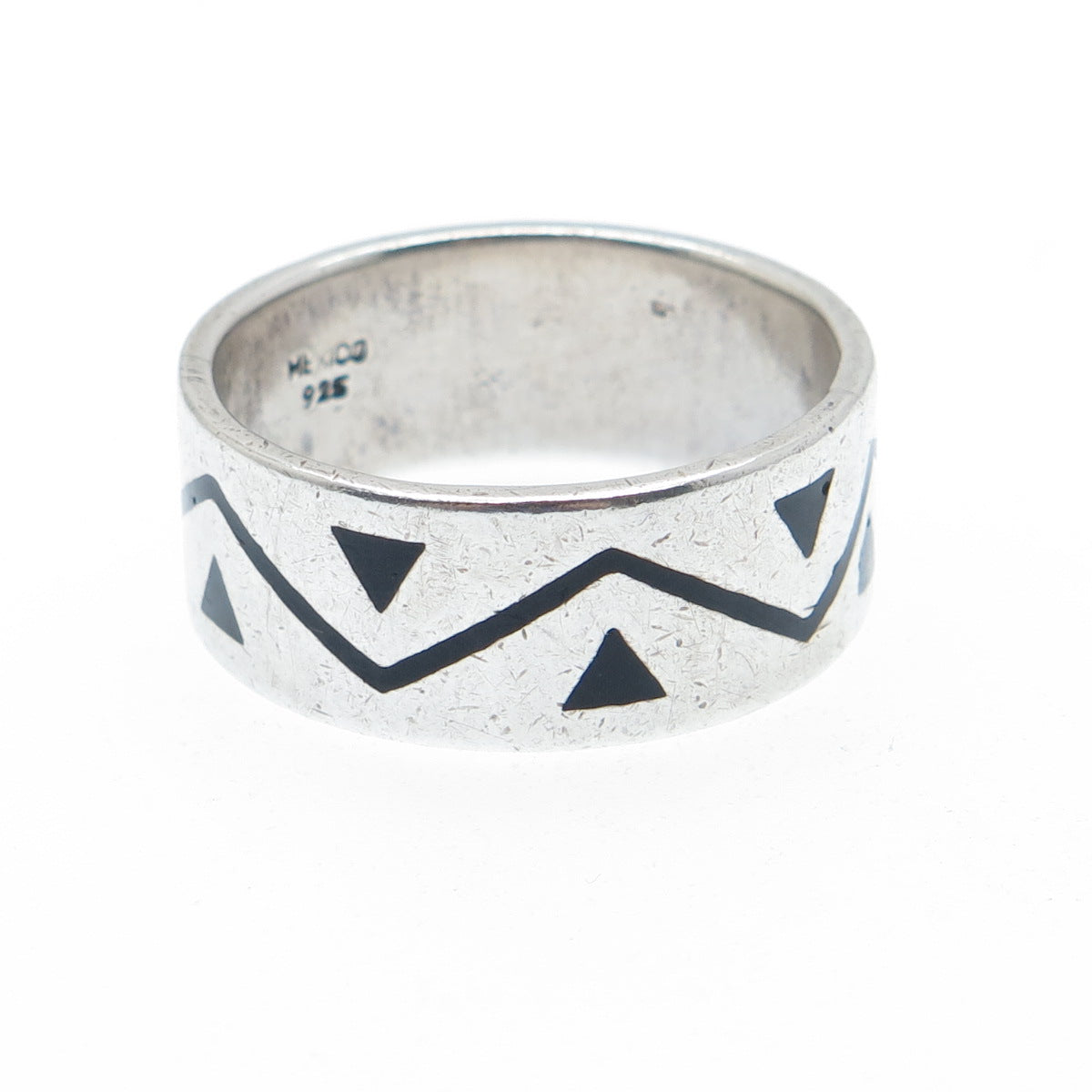 925 Sterling Silver Vintage Mexico Enamel Zig Zag Oxidized Band Ring Size 12.75