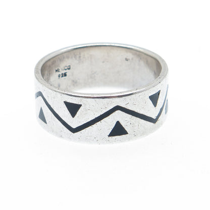 925 Sterling Silver Vintage Mexico Enamel Zig Zag Oxidized Band Ring Size 12.75